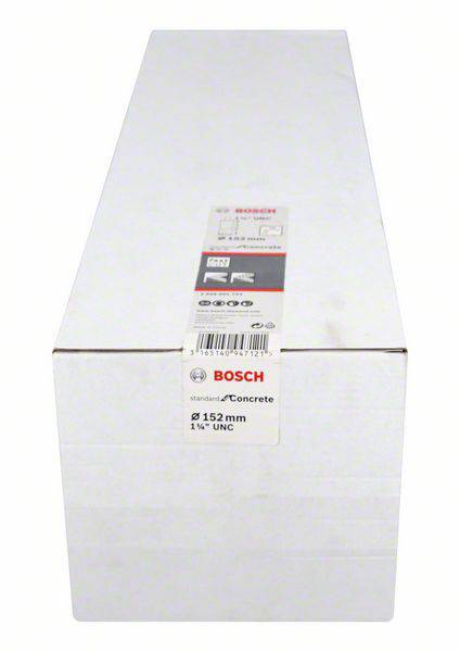 Boschův výrobek v bílém obalu s nápisem 'standard for Concrete' a rozměry 'Ø 152 mm, 1 1/4" UNC'.