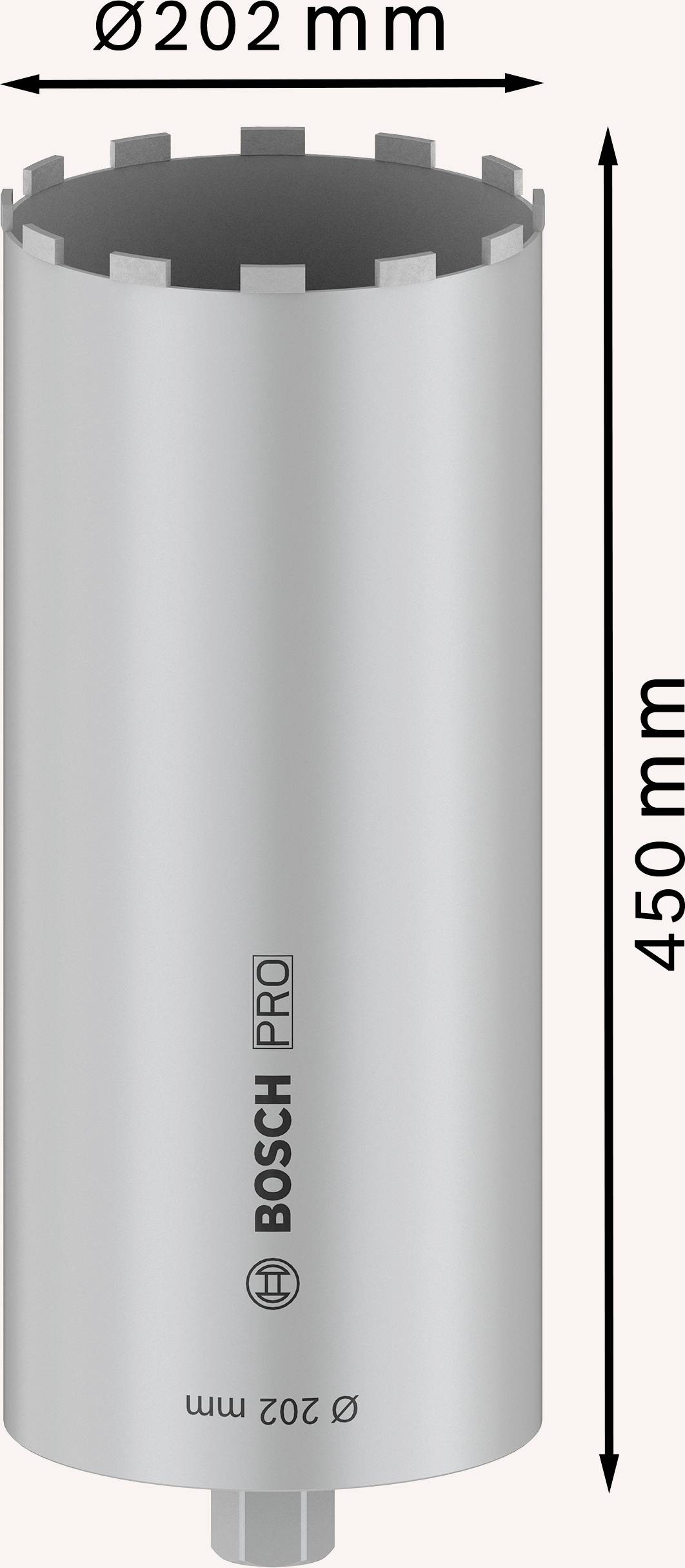 Šedá vrtací korunka s délkou 450 mm a průměrem 202 mm. Na straně je vidět logo 'BOSCH PRO'.