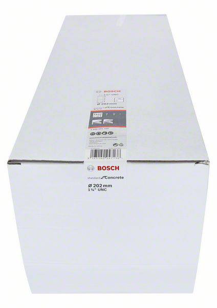 Bílý obal s logem Bosch a specifikacemi produktu. Obsahuje 6" vrtací vrták na beton Bosch o délce 202 mm se závitem 1-1/4" UNC.