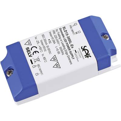 Bílé a modré LED napájení s nápisem 'SLD15-350IL-ES' a technickými detaily týkajícími se stmívatelnosti a elektrických specifikací.