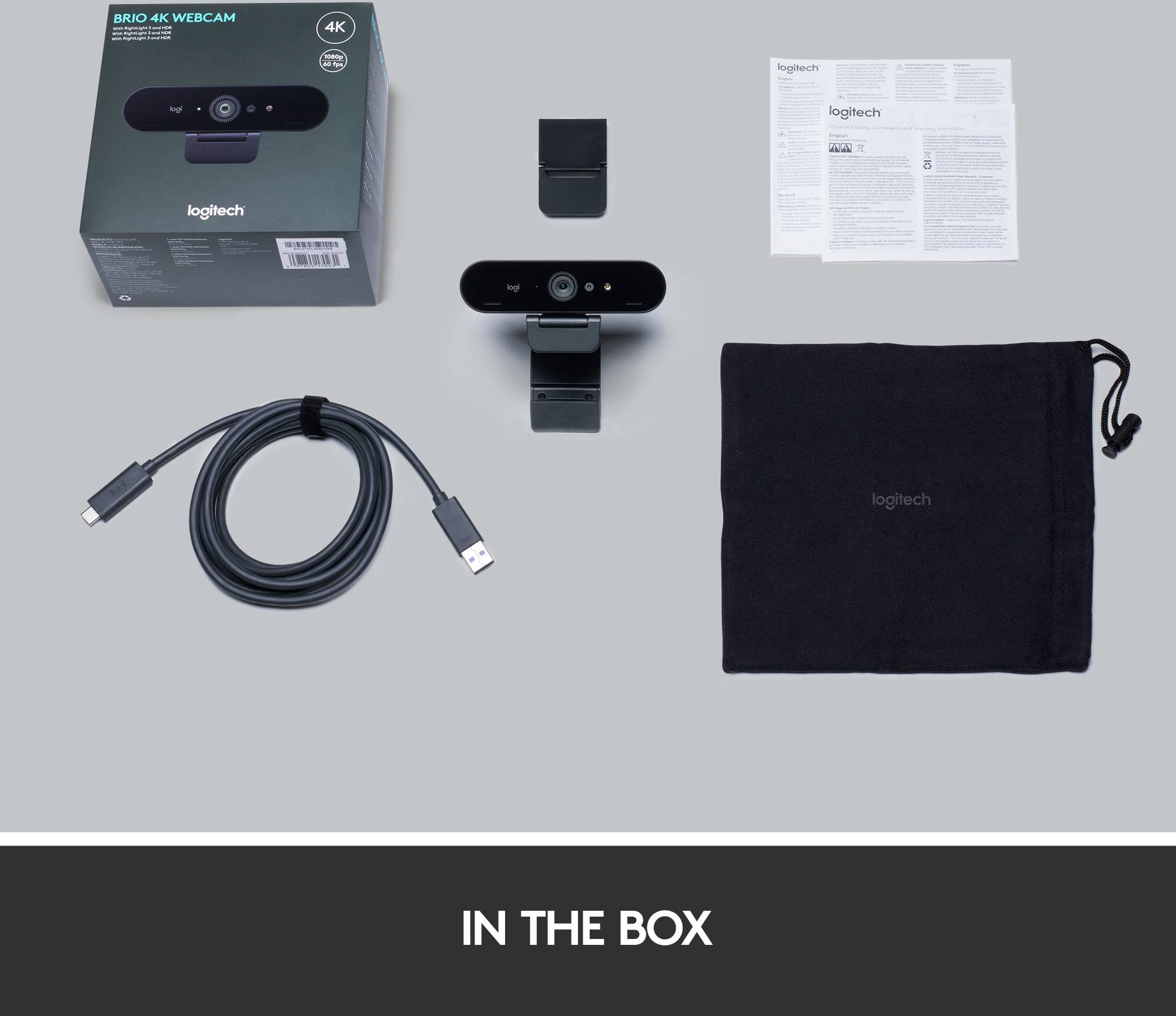 Webkamera sada: LogiTech 4K Pro Webkamera, USB kabel, návod, držák a transportní pouzdro. Ideální pro vysoce kvalitní videohovory.