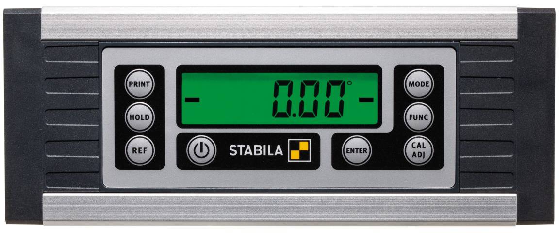 Digitální úhloměr se zeleným displejem zobrazuje '0.00'. Tlačítka: Tisk, Podržet, Reference, Zap/Vyp, Režim, Funkce, Kalibrace.