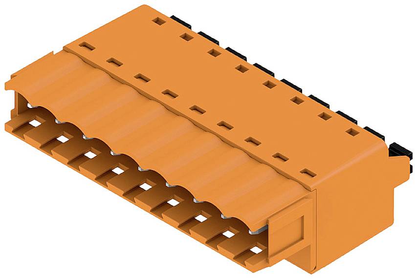 Oranžový elektrický konektor s více kontakty, obdélníkového tvaru, s vroubkovaným povrchem pro lepší uchopení.
