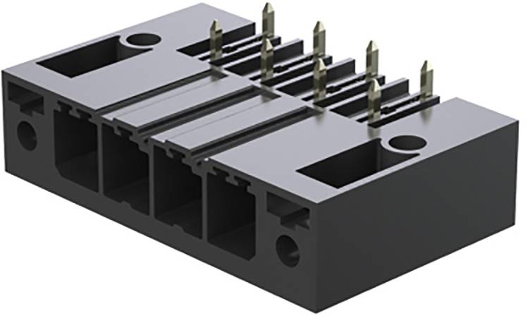 Černý elektronický modul konektoru s několika vertikálně uspořádanými kovovými kontakty a obdélníkovými otvory.