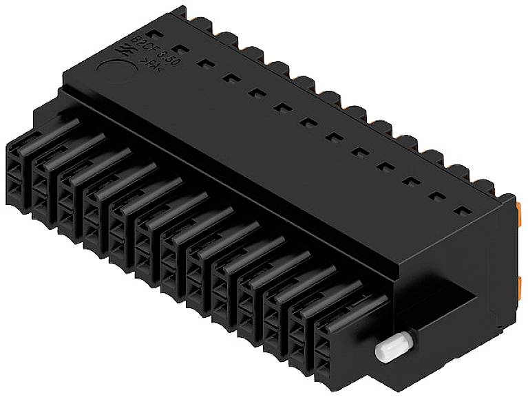Černý elektrický konektor s více kolíky, vhodný pro propojení desek plošných spojů v elektronických zařízeních.