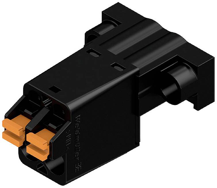 Černý elektrický konektor se dvěma oranžovými svorkami.