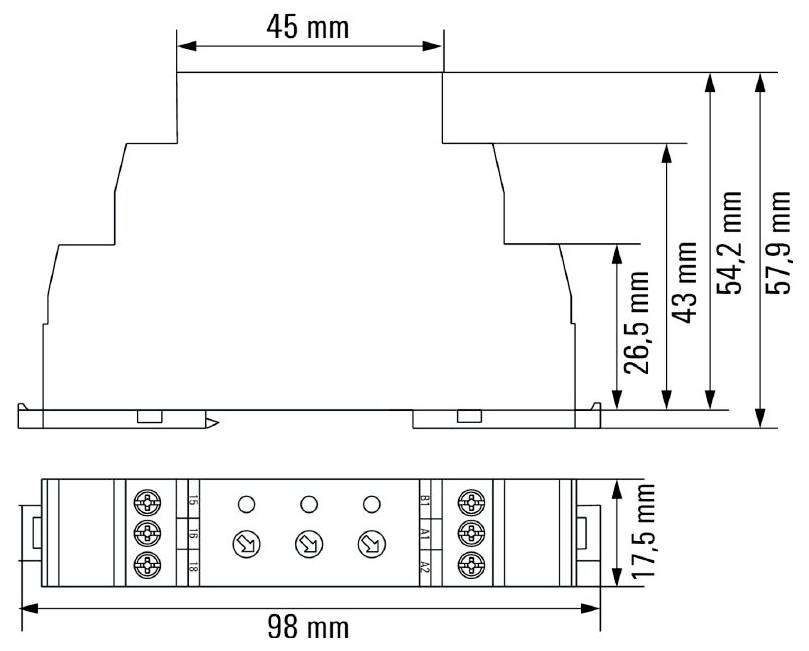 Technický výkres zařízení zobrazující rozměry: 45 mm šířka, 17,5 mm výška a 98 mm délka. Výšky bočního pohledu: 26,5 mm, 43 mm, 54,2 mm a 57,9 mm.