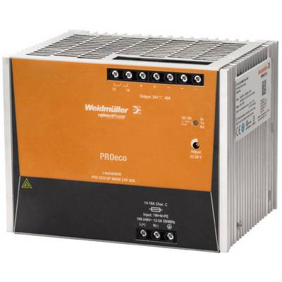 Napájecí zdroj Weidmüller PROeco pro 24V stejnosměrný proud, model SP 960W, v oranžovo-černostříbrném provedení, s indikátorem nastavení napětí.