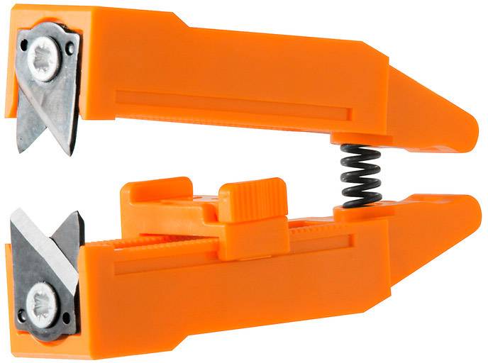 Oranžový plastový odstraňovač izolace s pružinovým mechanismem, dvěma čepelemi a nastavitelným omezovačem pro přesné odizolování kabelů.
