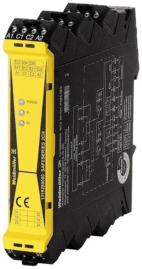 Bezpečnostní relé série Weidmüller SAFESERIES SCS24VDC1CO, žluto-černé, s vytištěnými technickými detaily a svorkami.