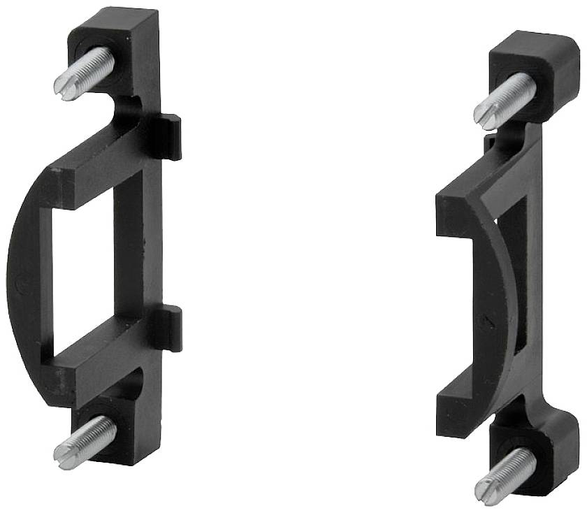 Dvě černé úchytky, každá se dvěma šrouby. Jsou symetricky uspořádány a mohly by sloužit k upevnění.