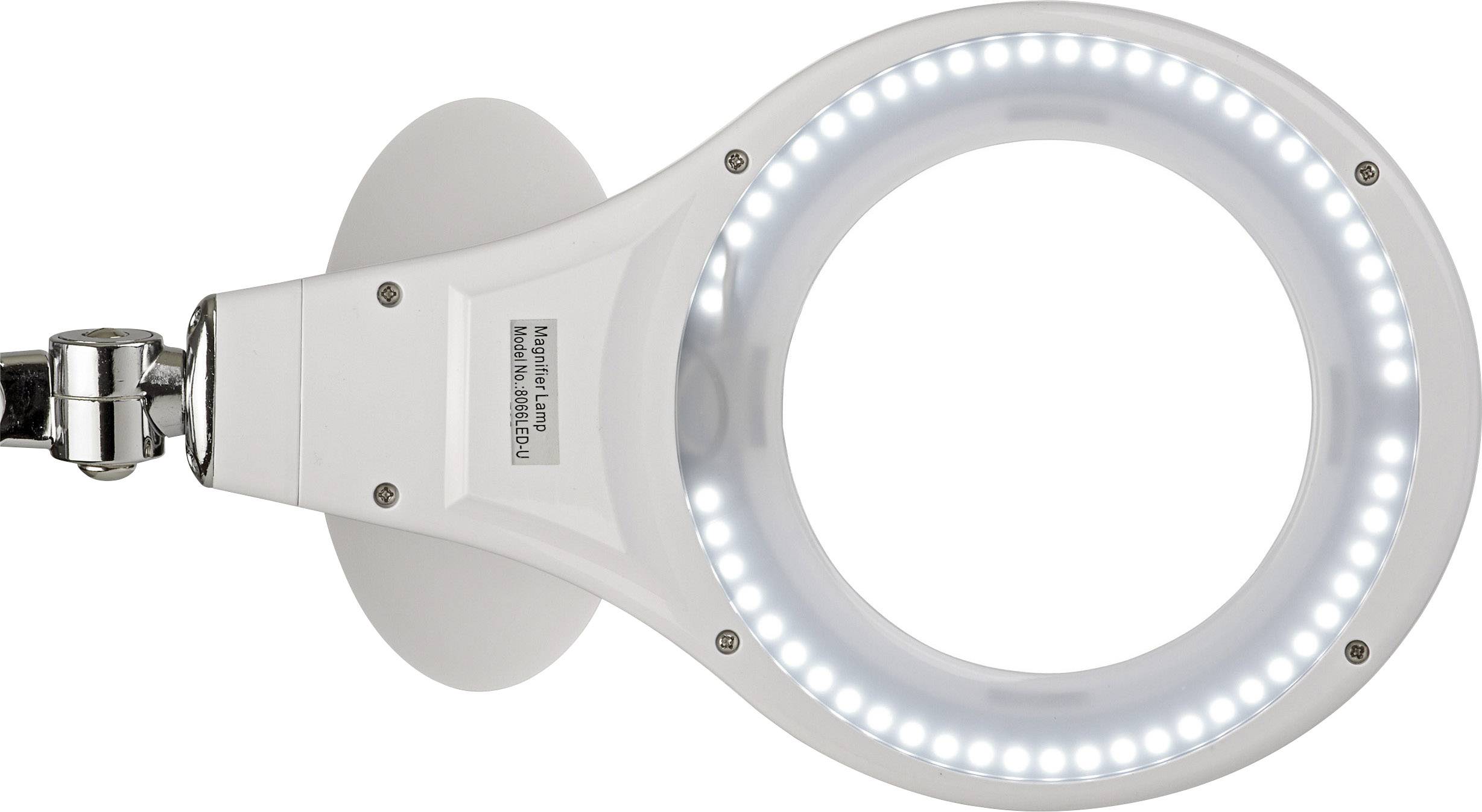 Kruhové LED světlo s bílými diodami upevněné na kovovém rameni. Vhodné pro detailní záběry nebo přesné práce.