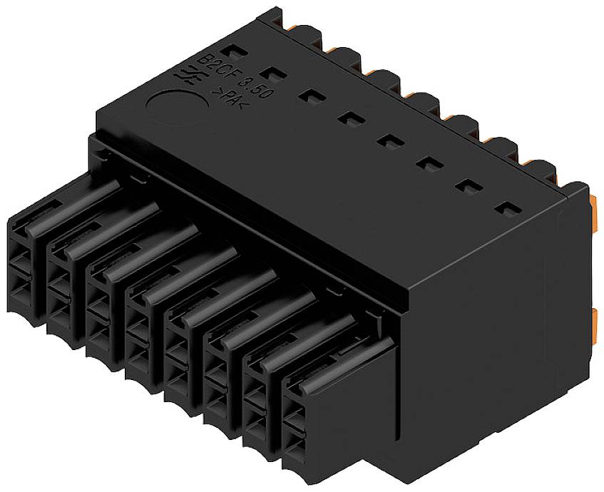 Černý elektrický konektorový konektor s více kontakty, pohled z boku. Vhodný pro průmyslové aplikace a kabelová propojení.
