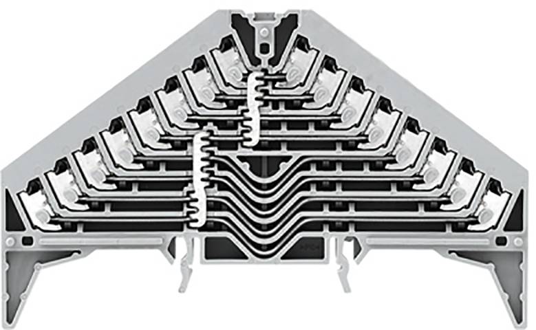 Komplexní síť kovových proužků v šedém plastovém pouzdře, symetricky uspořádaná, zobrazuje elektrické propojení.