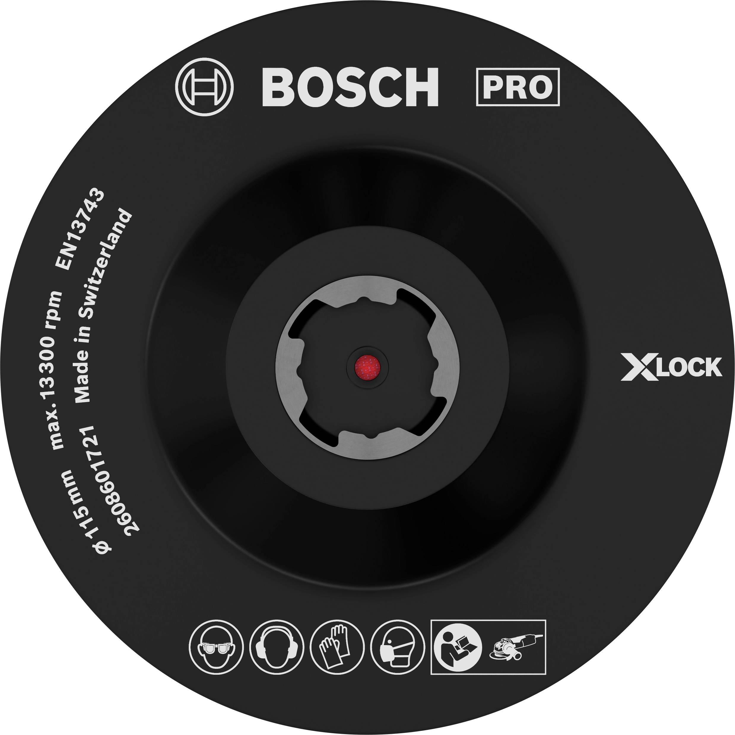 Černý Bosch Pro řezný kotouč s X-LOCK systémem, 'max. 13 300 ot./min', průměr 115 mm, vyrobeno ve Švýcarsku.