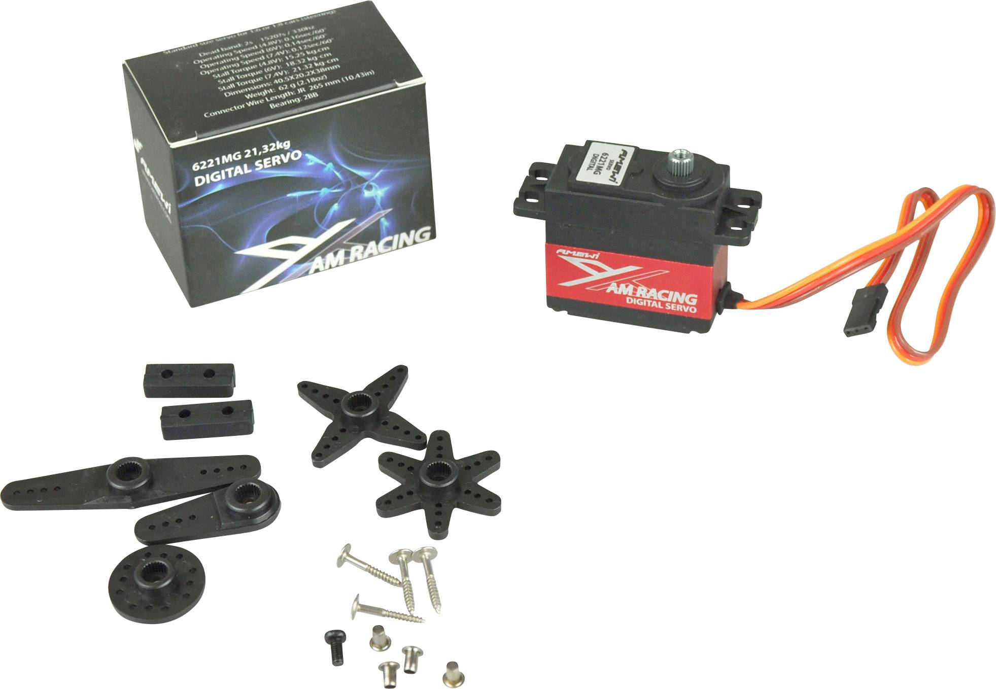 RC-Servo-Motor-Set: AM Racing digitální servo s kabelem, čtyřmi pákami kormidla, šrouby a drobnými díly. Balení v pozadí.