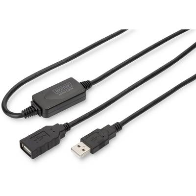 USB prodlužovací kabel se zástrčkou a zásuvkou. Na krytu repeateru je vytištěno 'DIGITUS Active Cable'.