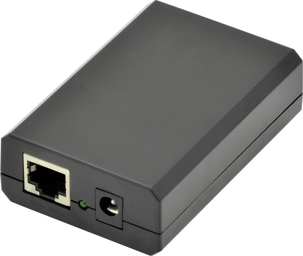 Černý PoE adaptér s ethernetovým připojením a napájecí zásuvkou. Distribuuje elektrický proud přes ethernetový kabel pro síťová zařízení.