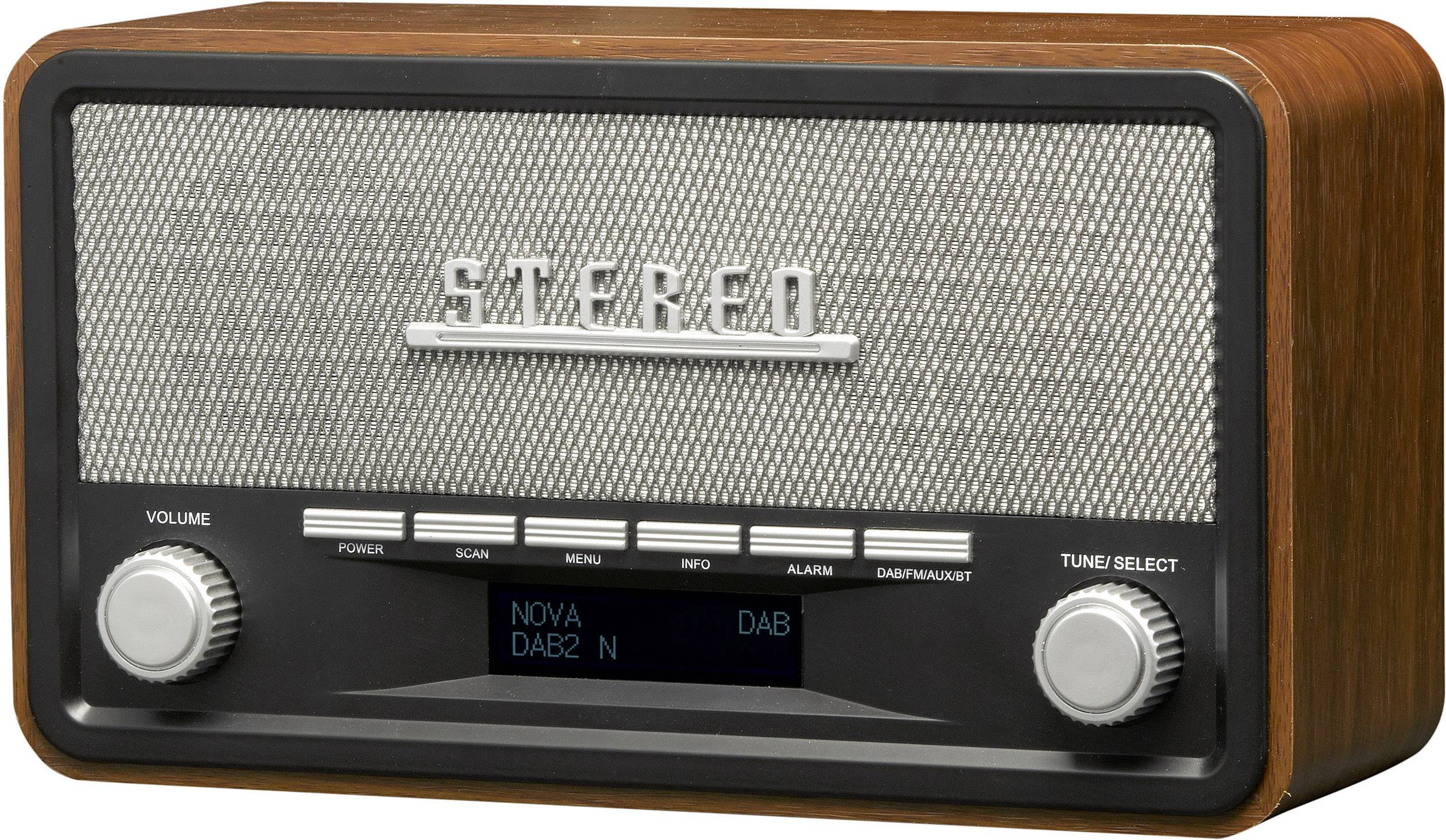 Retro rádio z dřeva s otočnými knoflíky a displejem, který zobrazuje 'Stereo'. Na displeji je nápis 'NOVA' a 'DAB'.