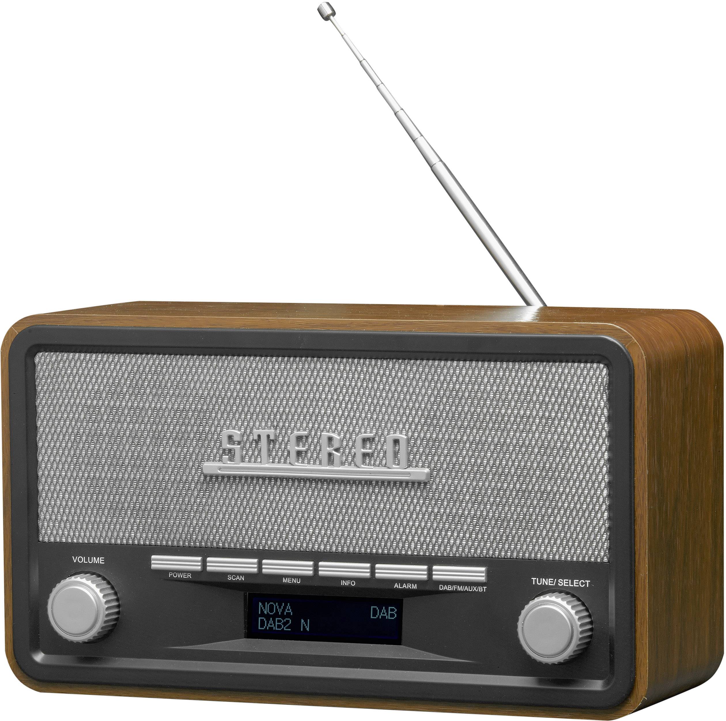 Retro rádio z dřeva s kovovým panelem zobrazuje nápisy 'STEREO' a 'NOVA DAB2'. Vlevo je regulátor hlasitosti, vpravo volič stanice.