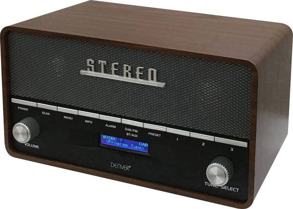 Denver DAB-36 111111000170 stolní rádio, DAB+, Bluetooth, AUX, DAB+, FM, Dřevěný kryt, funkce alarmu, dřevo