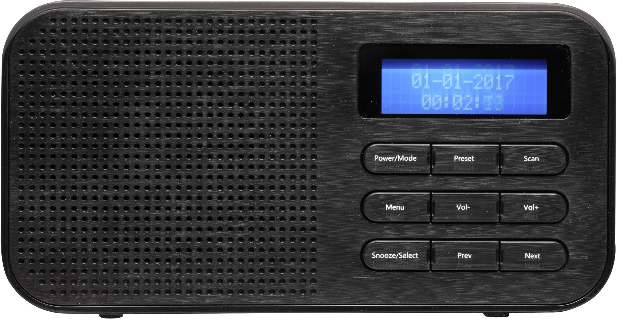 Černošedé přenosné digitální rádio s displejem a funkčními tlačítky na pravé straně. Na displeji je zobrazeno '01-01-2017, 00:02:17'.