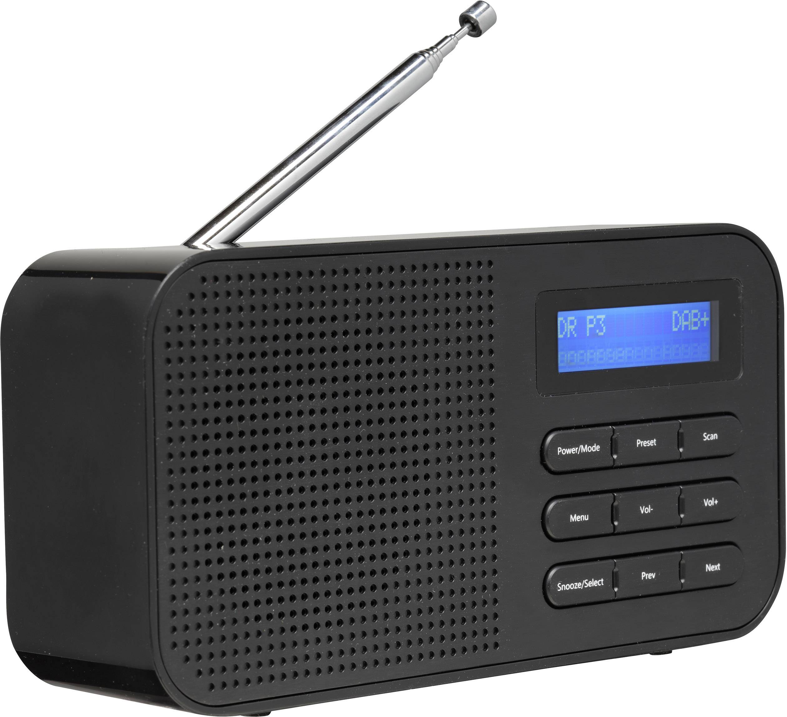Černé přenosné DAB rádio s vysunutou anténou. Na displeji je zobrazeno 'DR P3 To...band | DAB+' a několik ovládacích tlačítek.
