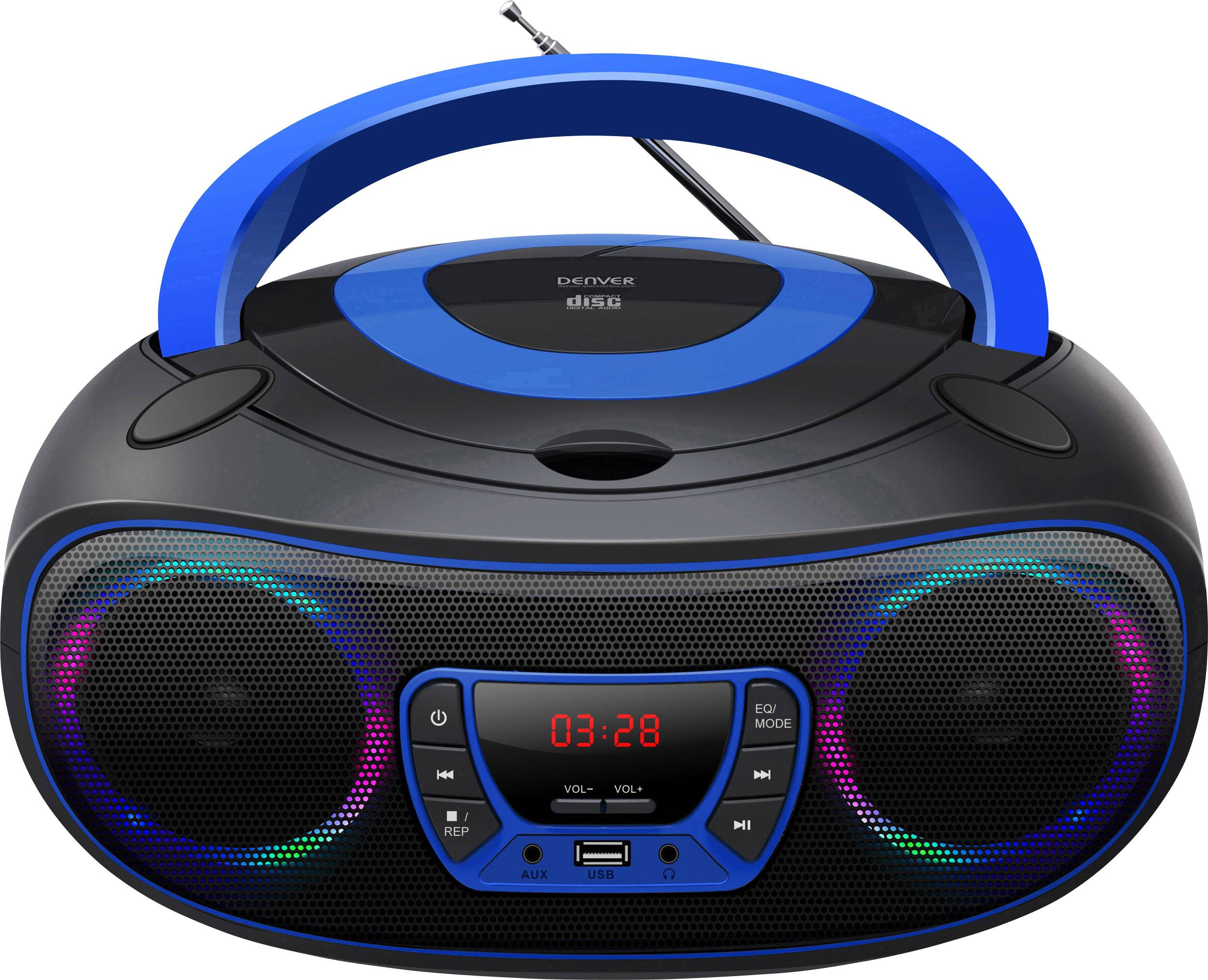 Přenosné CD rádio v černé a modré barvě s digitálním displejem hodin '03:28', reproduktory a ovládacími tlačítky s LED podsvícením.