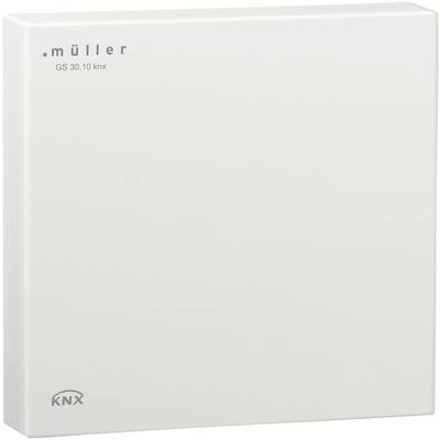 Bílé elektrické zařízení značky 'müller', model 'GS 30.10 knx', s logem KNX v rohu, na světle šedém pozadí.