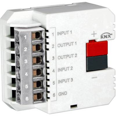 Bílý KNX spínací aktor s přípojkami a popiskami pro 'Vstup 1', 'Výstup 1', 'Vstup 2', 'Výstup 2', 'Vstup 3', 'GND'.