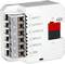 Bílý KNX spínací aktor s přípojkami a popiskami pro 'Vstup 1', 'Výstup 1', 'Vstup 2', 'Výstup 2', 'Vstup 3', 'GND'.