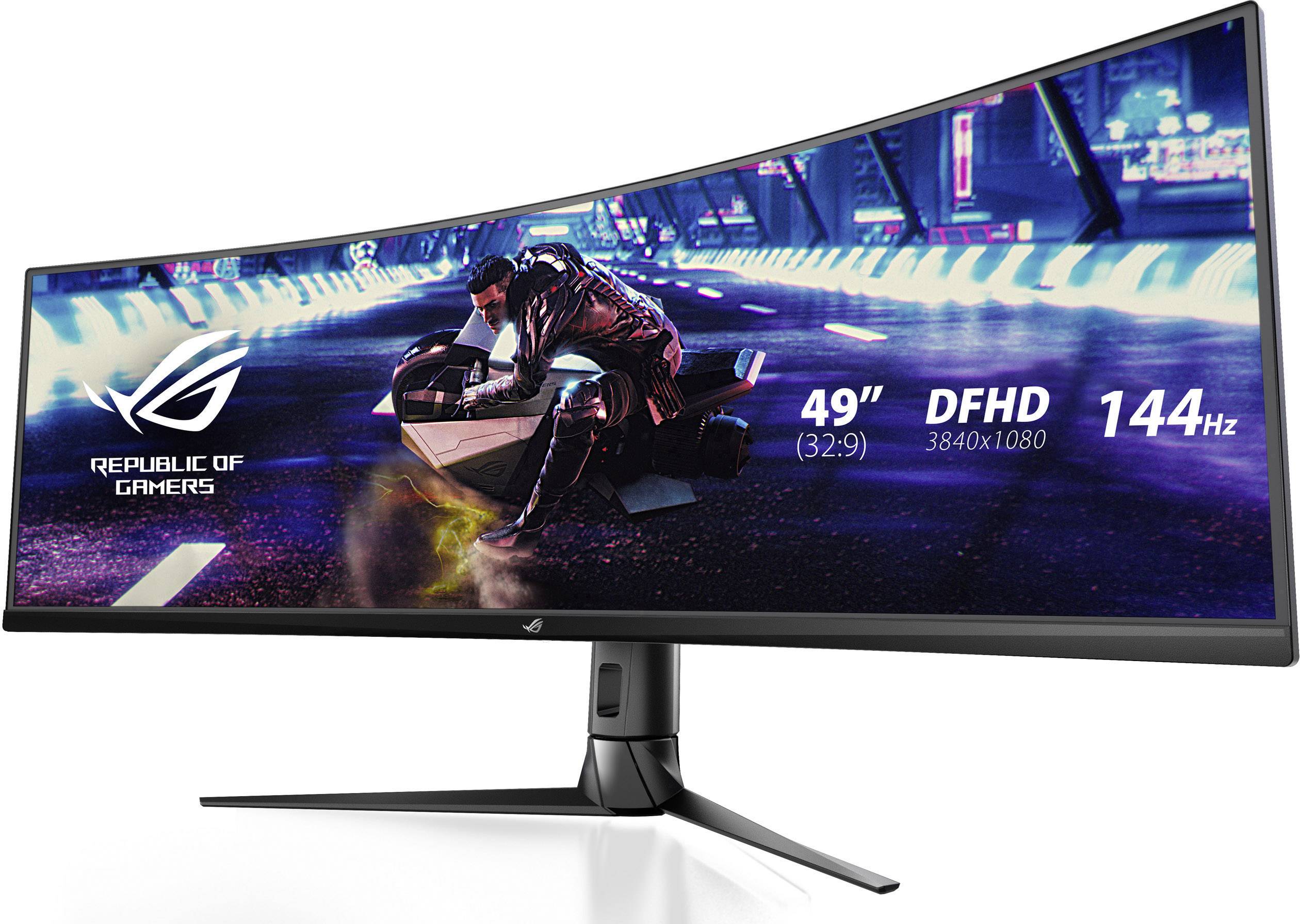 Zakřivený herní monitor značky Republic of Gamers o úhlopříčce 49 palců s rozlišením DFHD a obnovovací frekvencí 144 Hz, který zobrazuje závodní hru na obrazovce.
