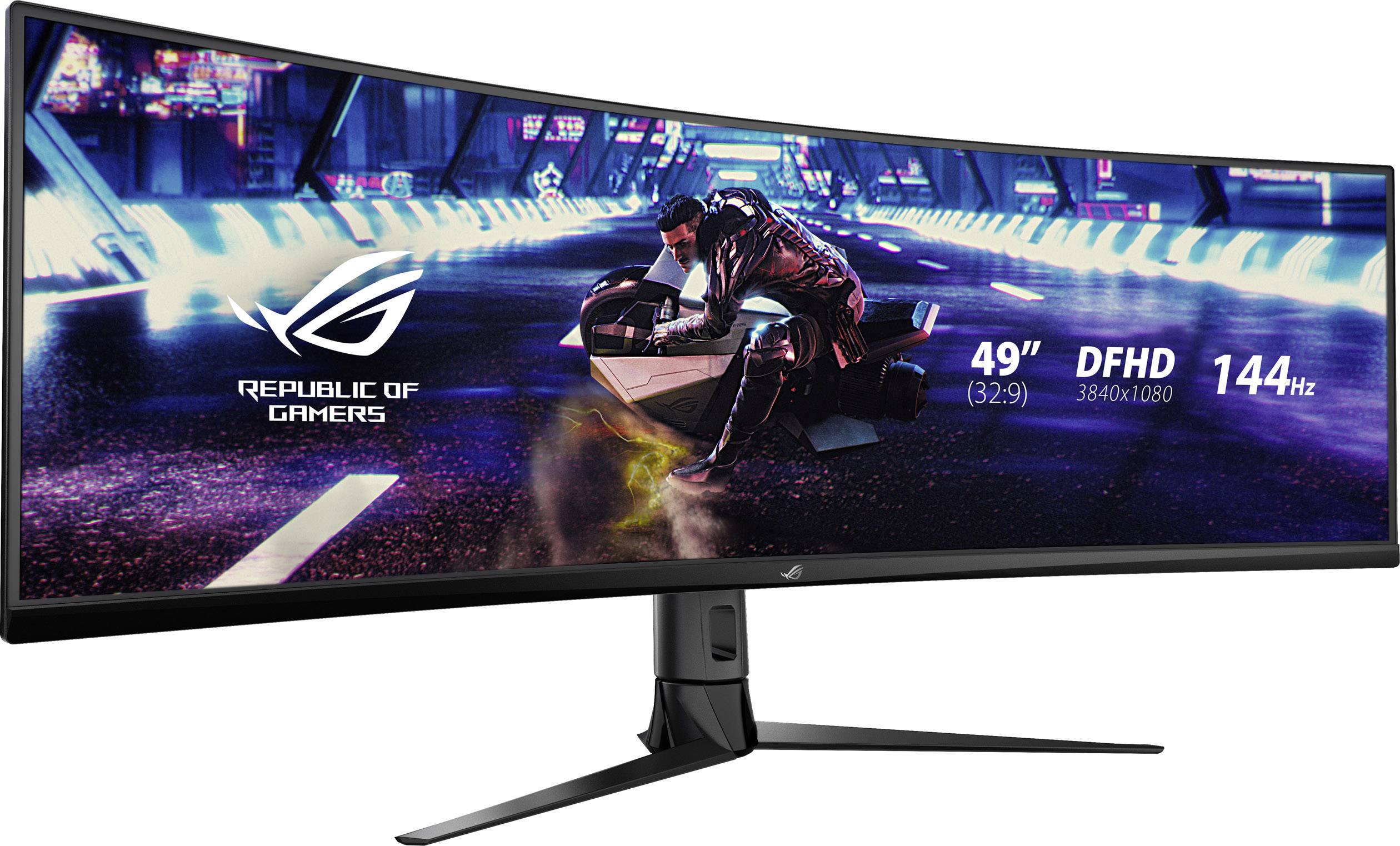 Ultrawide herní monitor značky Republic of Gamers, 49 palců, DFHD rozlišení (3840x1080), 144 Hz, s futuristickou závodní hrou na obrazovce.
