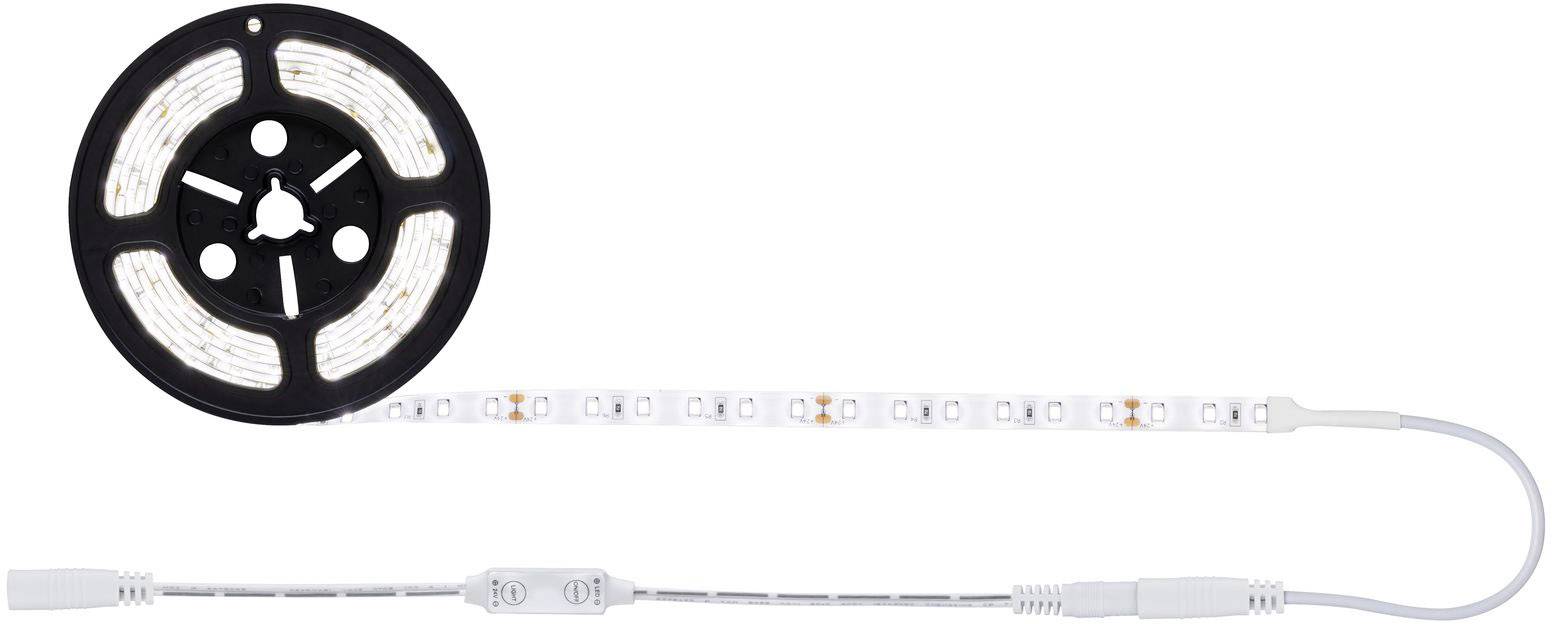 LED světelný pás navinutý na cívce, s viditelným kabelovým připojením a spínačem pro zapnutí a vypnutí.