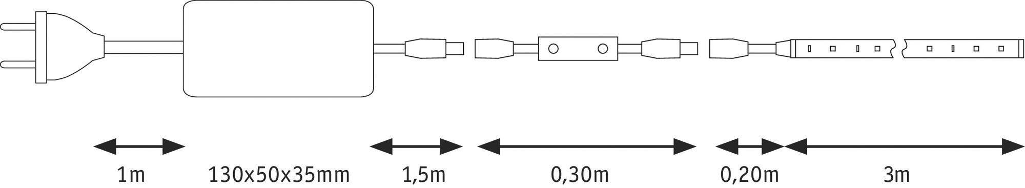 Diagram kabelu s konektorem a řídicí jednotkou. Délky segmentů: 1m, 1,5m, 0,30m, 0,20m, 3m. Rozměry řídicí jednotky: 130x50x35mm.