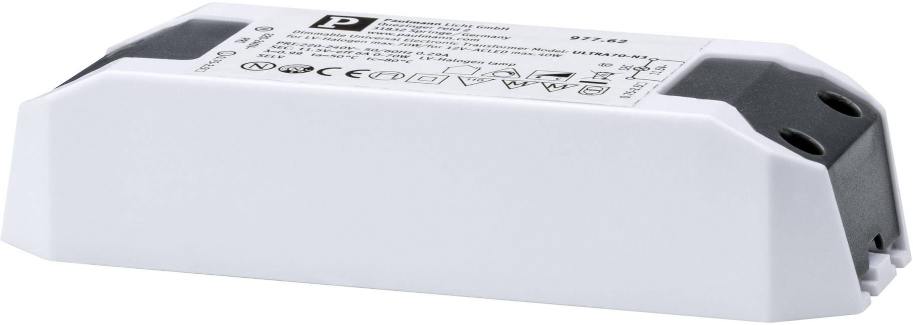 Obdélníková elektronická součástka s několika nápisy a symboly na horní straně, pravděpodobně LED driver nebo měnič napětí.