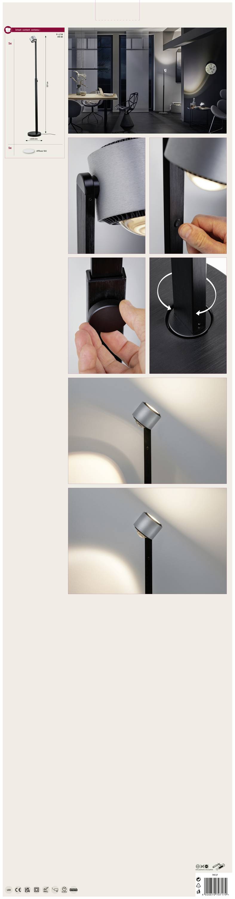 Stojací lampa s moderním designem, černý kov, stylové detaily, ovládání dotykem, ohnutá svítící hlava, vhodná do pracovních prostor.