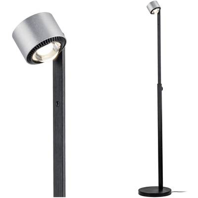 Stylová černá stojací lampa s nastavitelným kovovým stínidlem a kulatou základnou, vhodná do moderního interiéru.