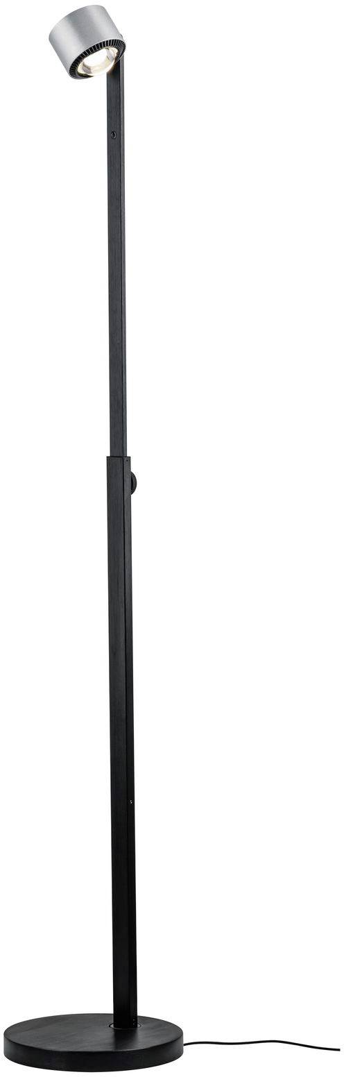 Stojací lampa s moderním, štíhlým designem, černým kovovým tělem a nastavitelnou svítící hlavou. Ideální pro cílené osvětlení.