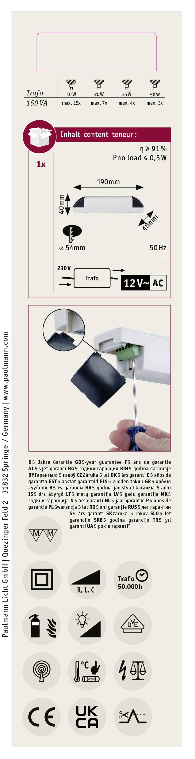 Diagram instalace zařízení. Nahoře: Rozměry šroubů. Uprostřed: Schéma zapojení s rozměry a napětím (12V, AC). Dole: Požadované nástroje, různé symboly.