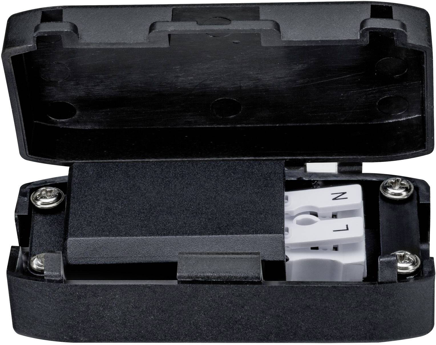 Otevřená černá elektrická rozvodná skříň s viditelnými L- a N-přípojkami uvnitř.