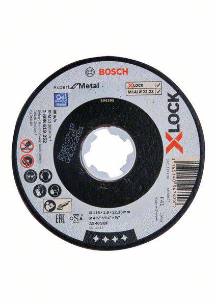 Brusný kotouč Bosch na kov, průměr 115 mm, tloušťka 1,6 mm, upevnění X-LOCK, vhodný pro řezání kovu.