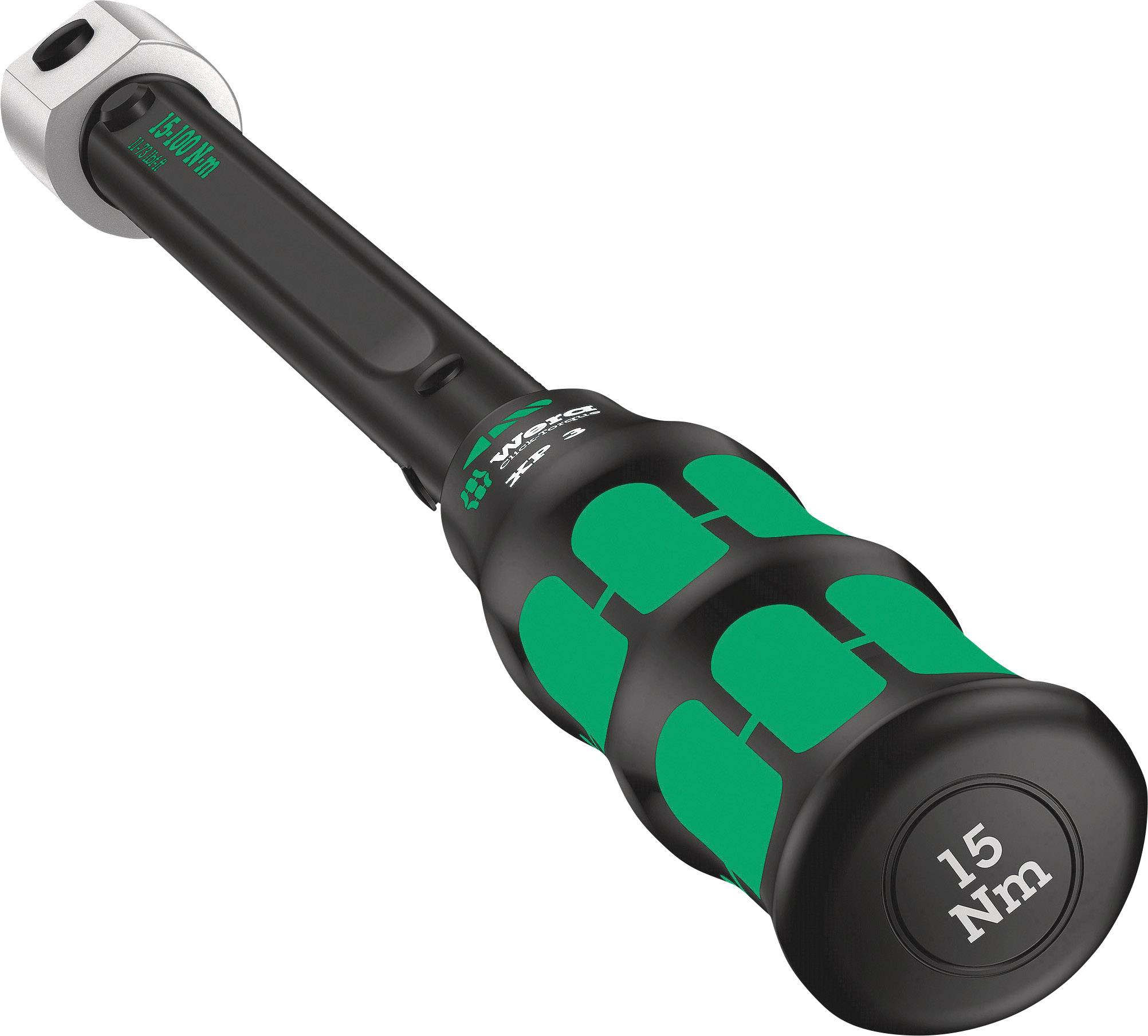 Momentový klíč s ergonomickou rukojetí, stupnice '15 Nm', vhodný pro přesné práce, černozelené barevné provedení.