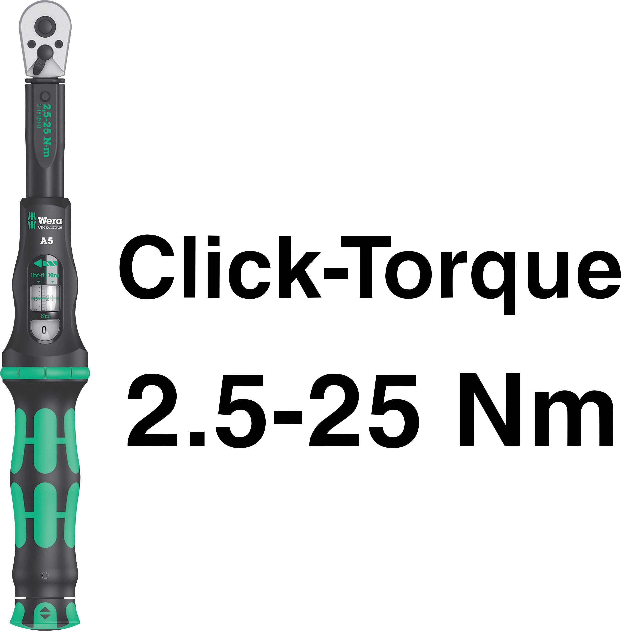 Momentový klíč Wera Click-Torque A5, rozsah 2,5-25 Nm.