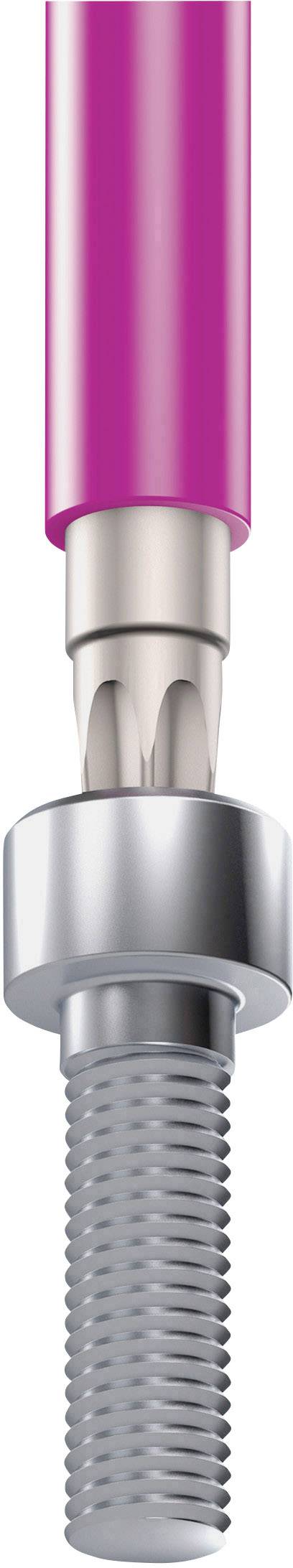 Růžový stomatologický nástroj pro péči o implantáty zobrazuje úzký kartáček zavedený do šroubovité svorky.