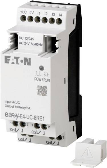 Automatizační komponenta společnosti EATON s přípojkami a popiskami: '+UC', '0V', '12/24V DC', '24V AC', '50/60Hz', vstupy a výstupy.
