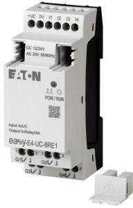 Elektronický řídicí modul Eaton easyE4, vhodný pro montáž na DIN lištu, vstupy 4x UC, výstupy 4x relé/5A, napětí DC 12/24V.