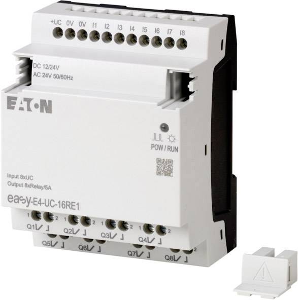 Bílý elektrický řídicí modul s několika připojovacími svorkami a firemní značkou 'EATON'. Slouží k řízení elektrických systémů.