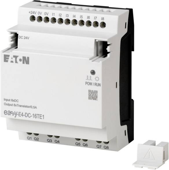 Průmyslový kontrolér Eaton s označením 'easyE4-DC-16TE1' zobrazuje vstupní/výstupní konektory a stavové indikátory na čelní straně.