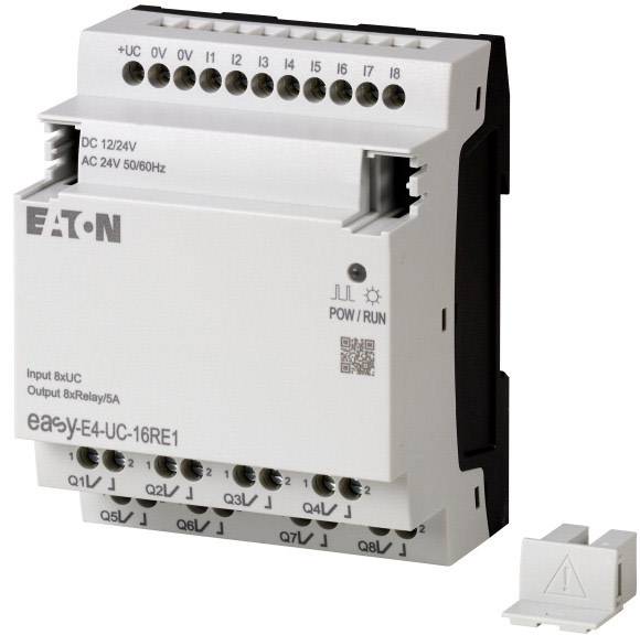 Průmyslové automatizační zařízení 'Eaton easyE4-UC-16RE1' zobrazující připojení a výkonnostní indikátory. Určeno pro řízení v elektrických systémech.